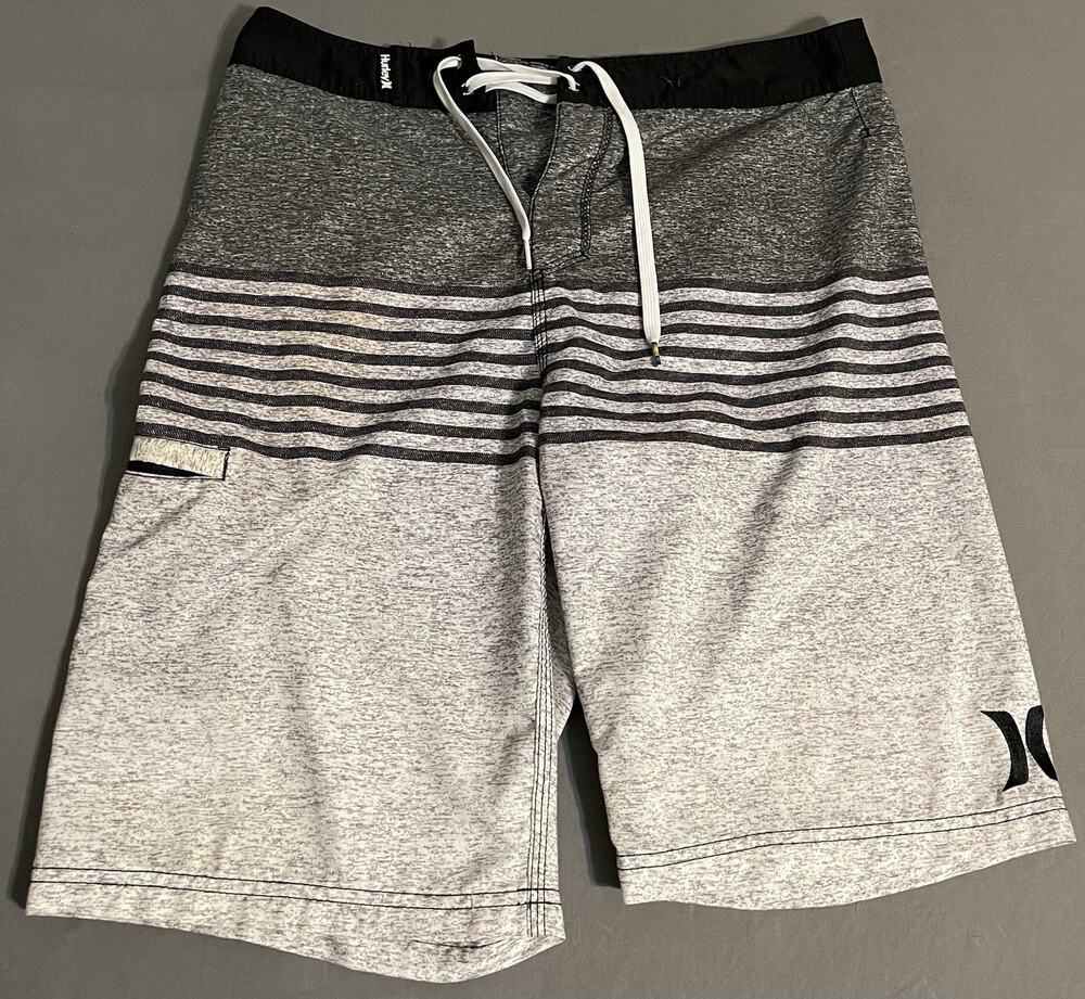 Hurley Gray Striped Board Shorts Swim Trunks Cargo Pocket Size 32 Great
